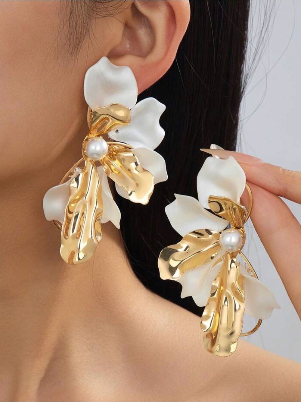 Gold & White Floral Pearl Drop Earrings - Women Jewelry